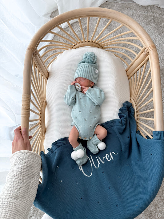 Pointelle Long Sleeve Romper - Sea Mist