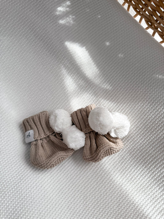 Knitted Pom Pom Booties - Fawn