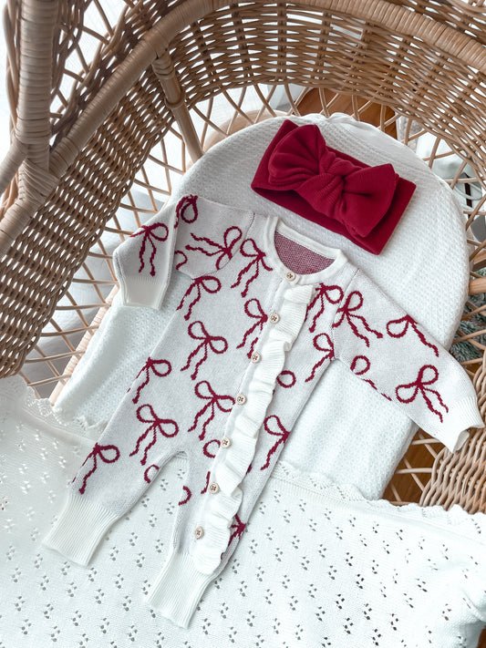 Little Bow Frilled Romper - Milk & Deep Rose