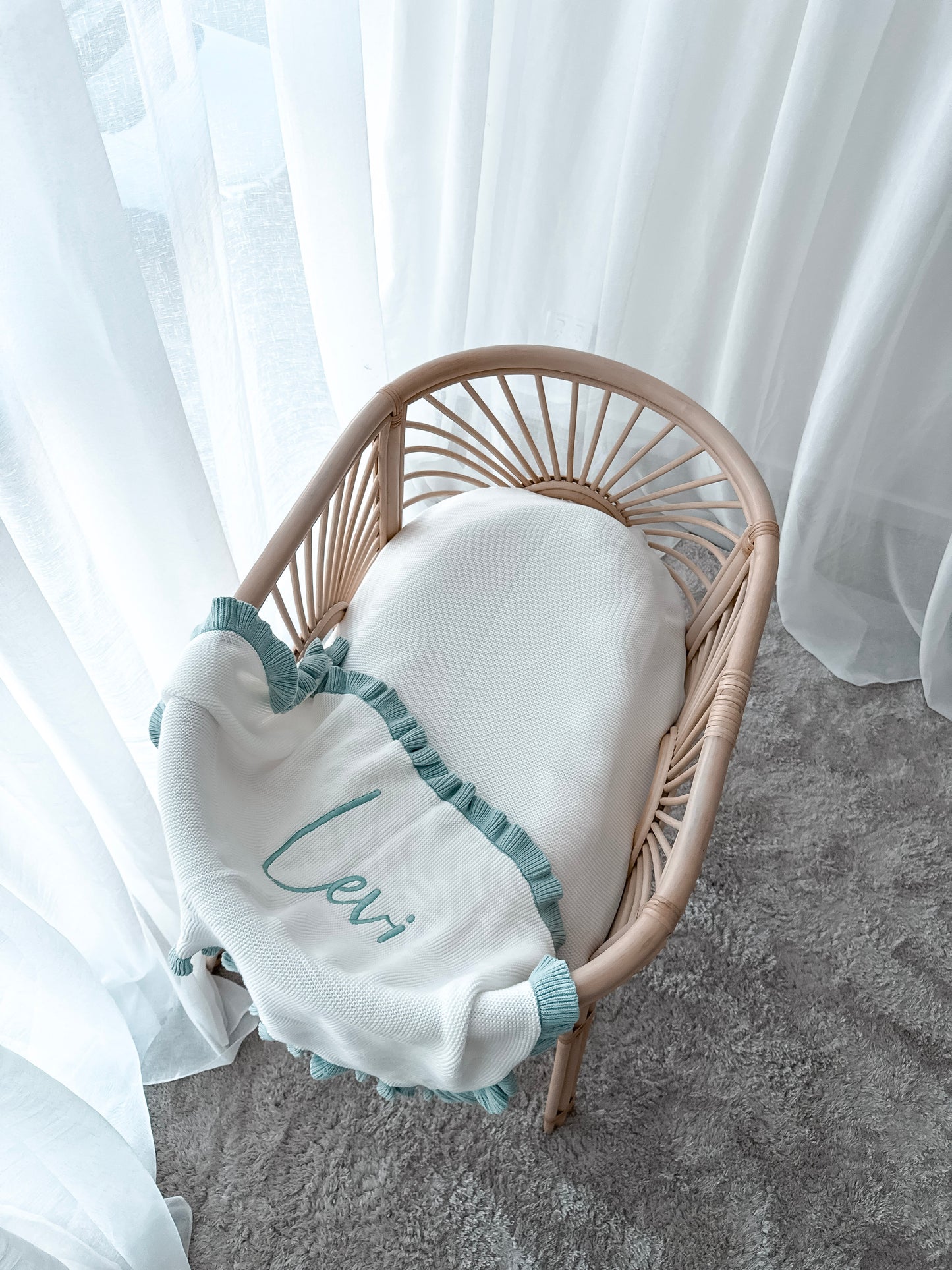 Frilled Knitted Blanket - Milk & Sea Mist
