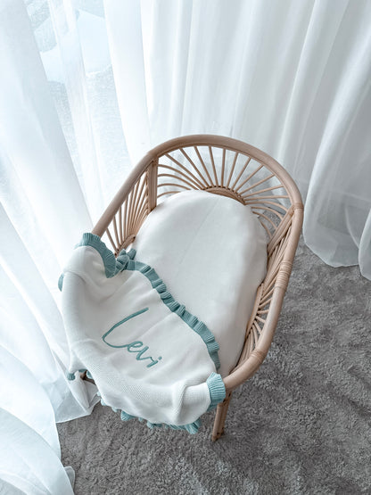 Frilled Knitted Blanket - Milk & Sea Mist