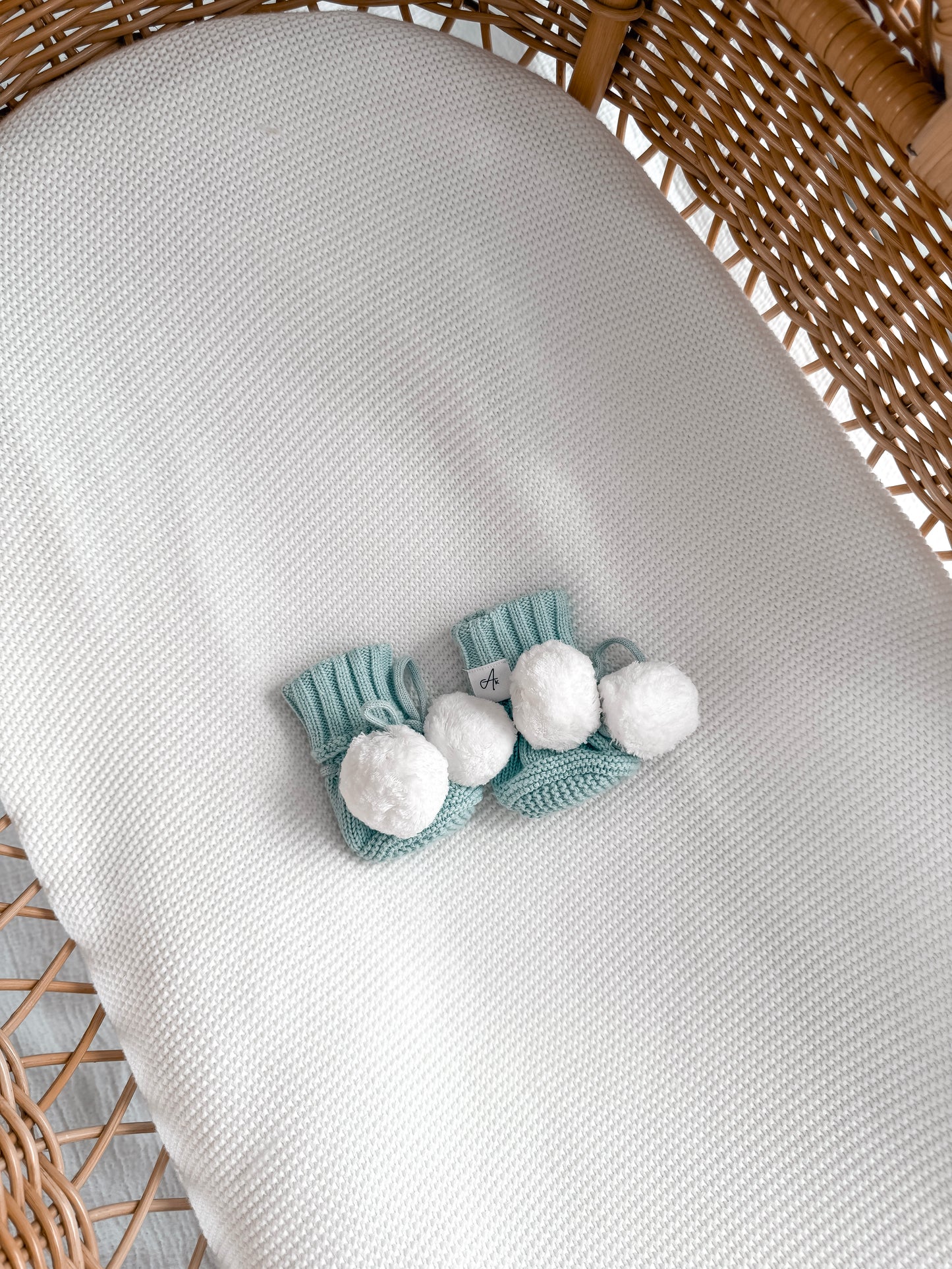 Knitted Pom Pom Booties  - Sea Mist