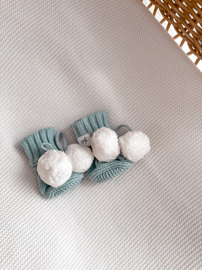 Knitted Pom Pom Booties  - Sea Mist