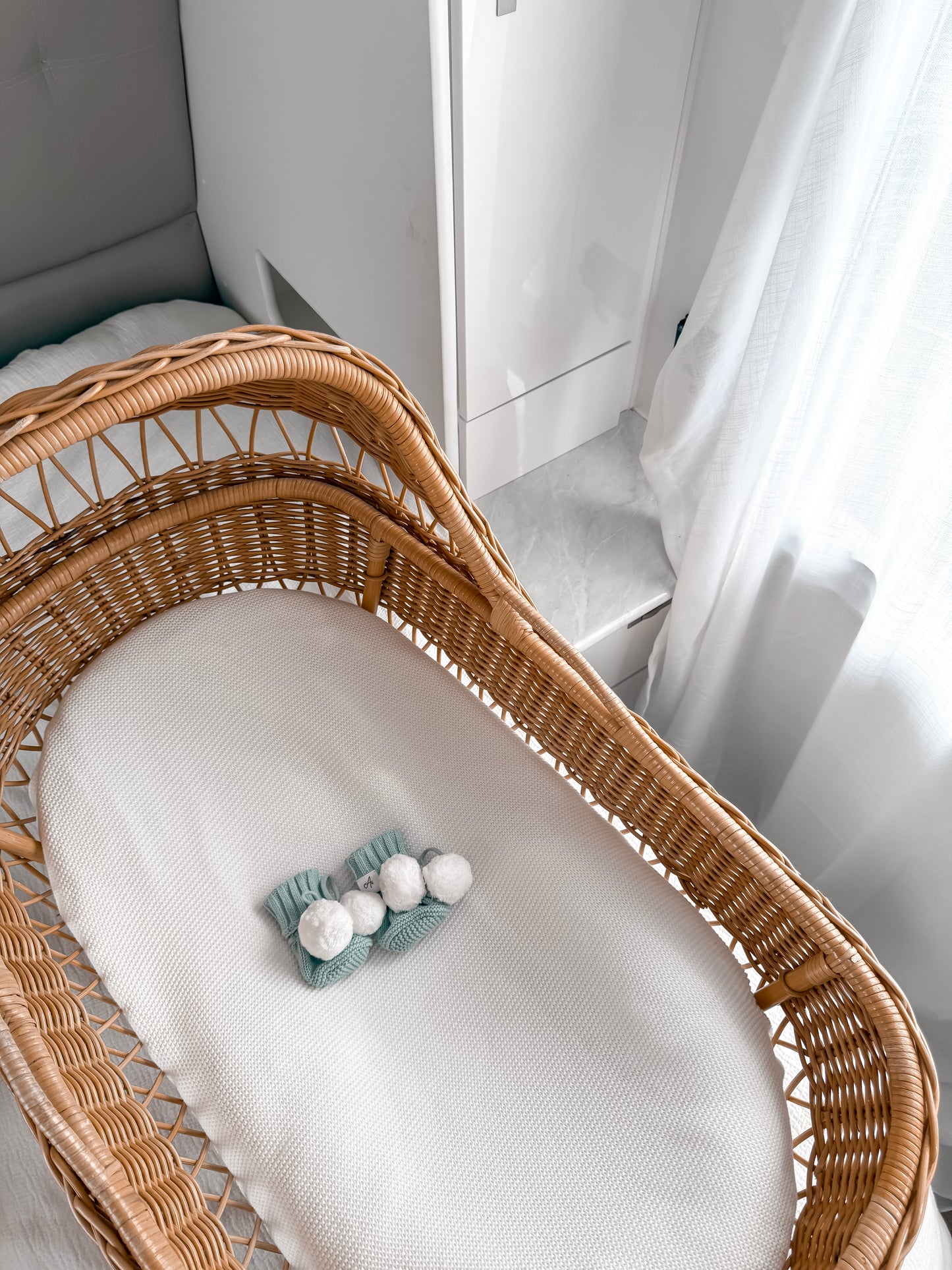 Knitted Pom Pom Booties  - Sea Mist