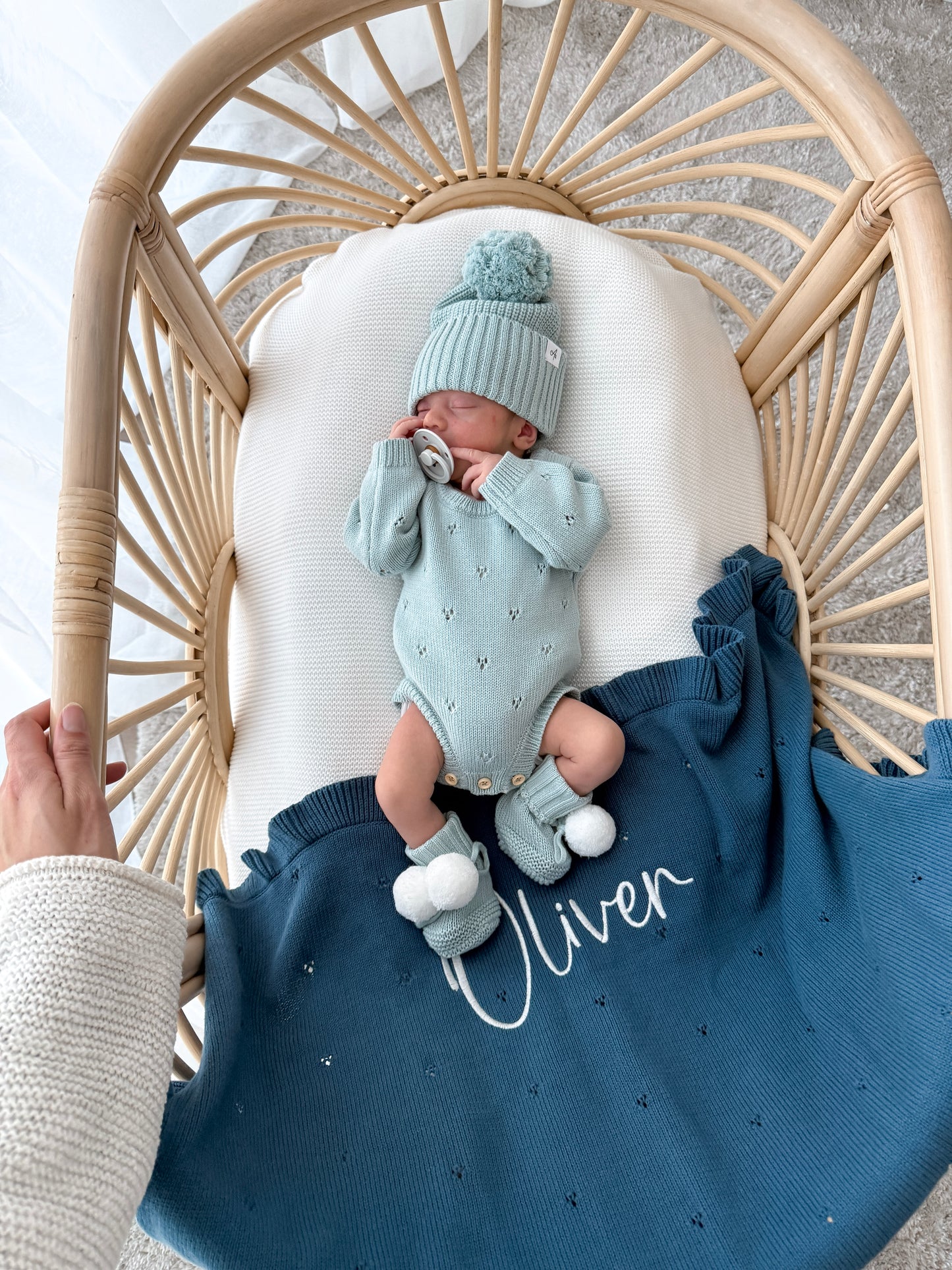 Pointelle Long Sleeve Romper - Sea Mist