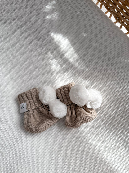 Knitted Pom Pom Booties  - Fawn