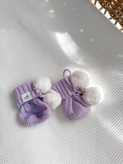 Knitted Pom Pom Booties - Lilac