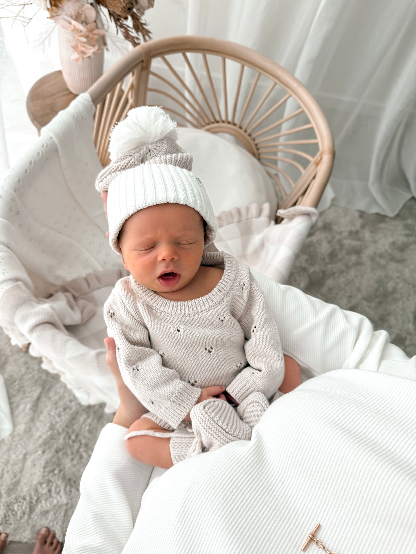 Pointelle Long Sleeve Romper - Latte