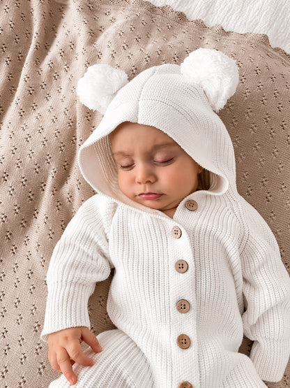 Little Ted Hooded Romper - Milk