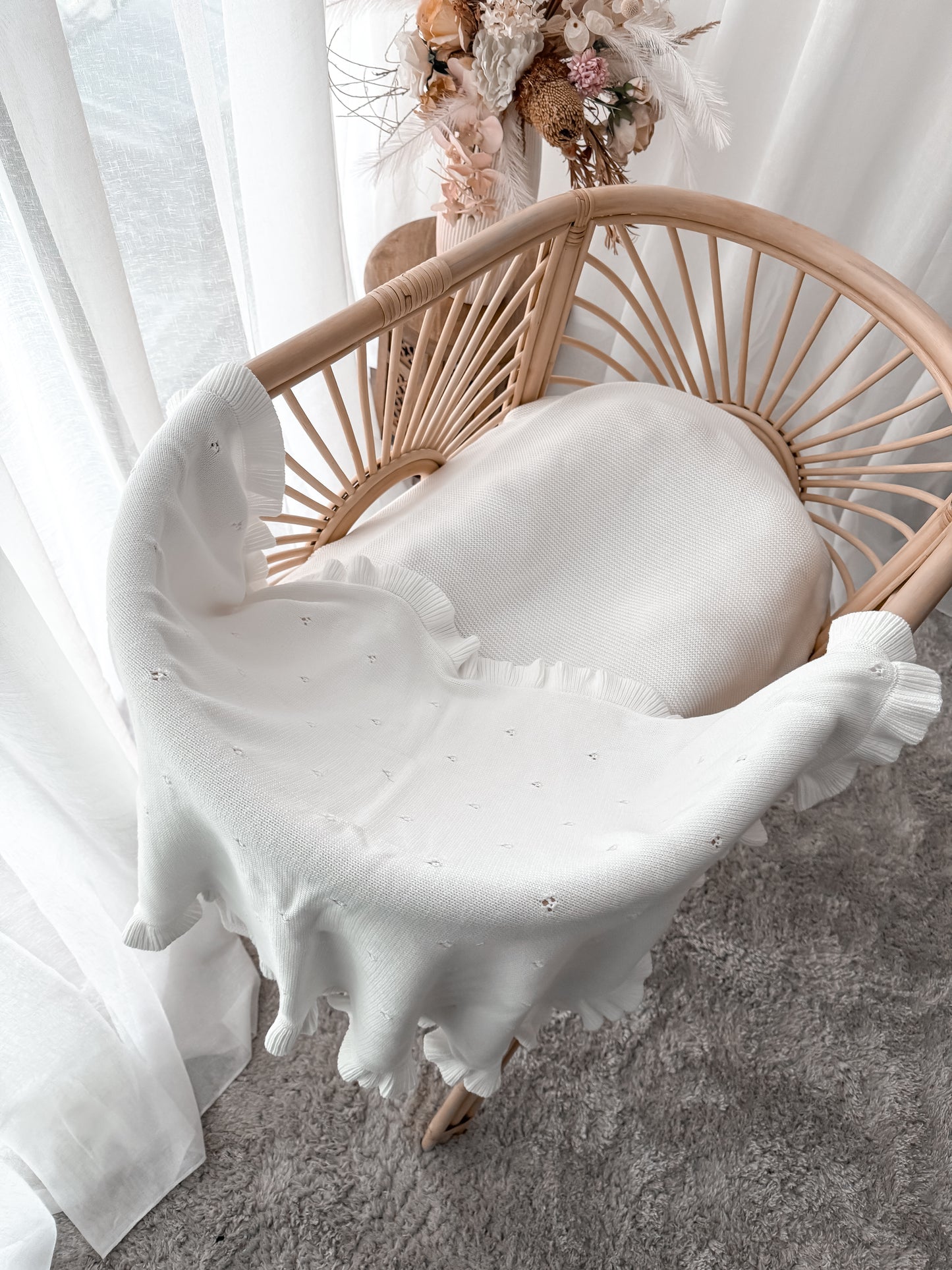 Heirloom Frilled Pointelle Blanket - Milk