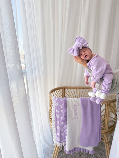 Frilled Knitted Blanket - Milk & Lilac