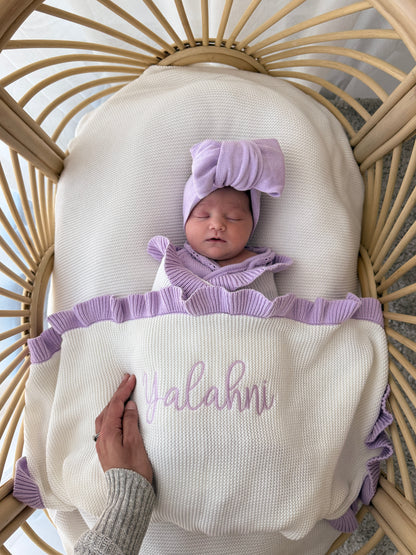 Frilled Knitted Blanket - Milk & Lilac