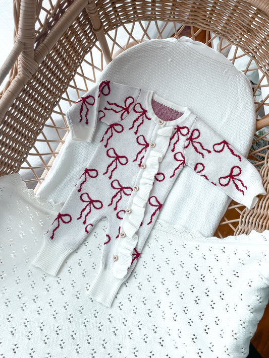 Little Bow Frilled Romper - Milk & Deep Rose