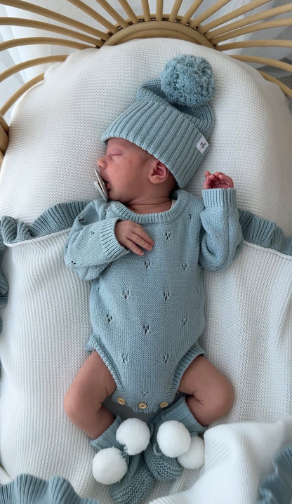 Pointelle Long Sleeve Romper - Sea Mist