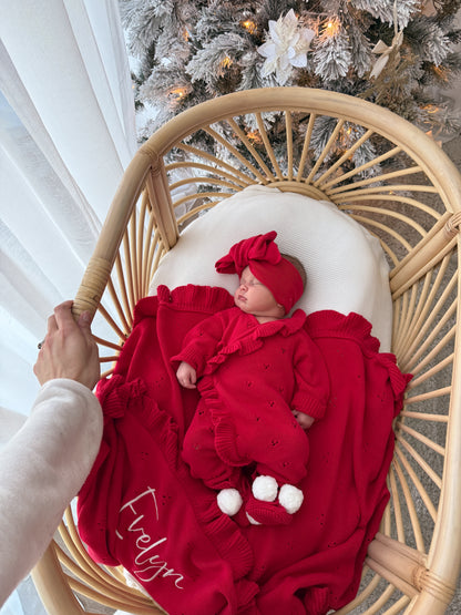 Heirloom Frilled Pointelle Blanket - Scarlet | PRE ORDER