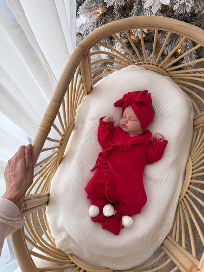 Knitted Pom Pom Booties - Scarlet & Milk
