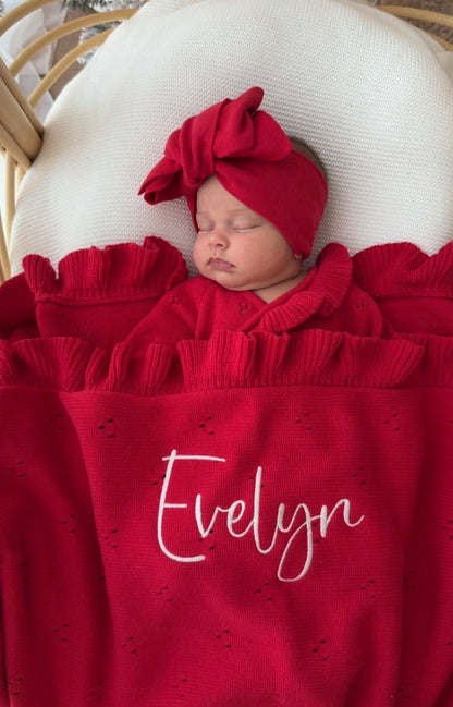 Heirloom Frilled Pointelle Blanket - Scarlet | PRE ORDER