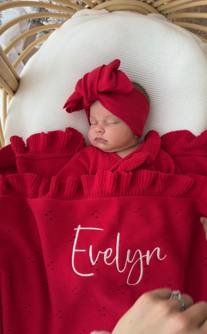 Heirloom Frilled Pointelle Blanket - Scarlet | PRE ORDER