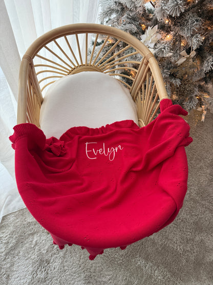 Heirloom Frilled Pointelle Blanket - Scarlet | PRE ORDER