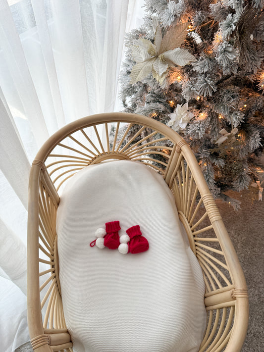 Knitted Pom Pom Booties - Scarlet & Milk