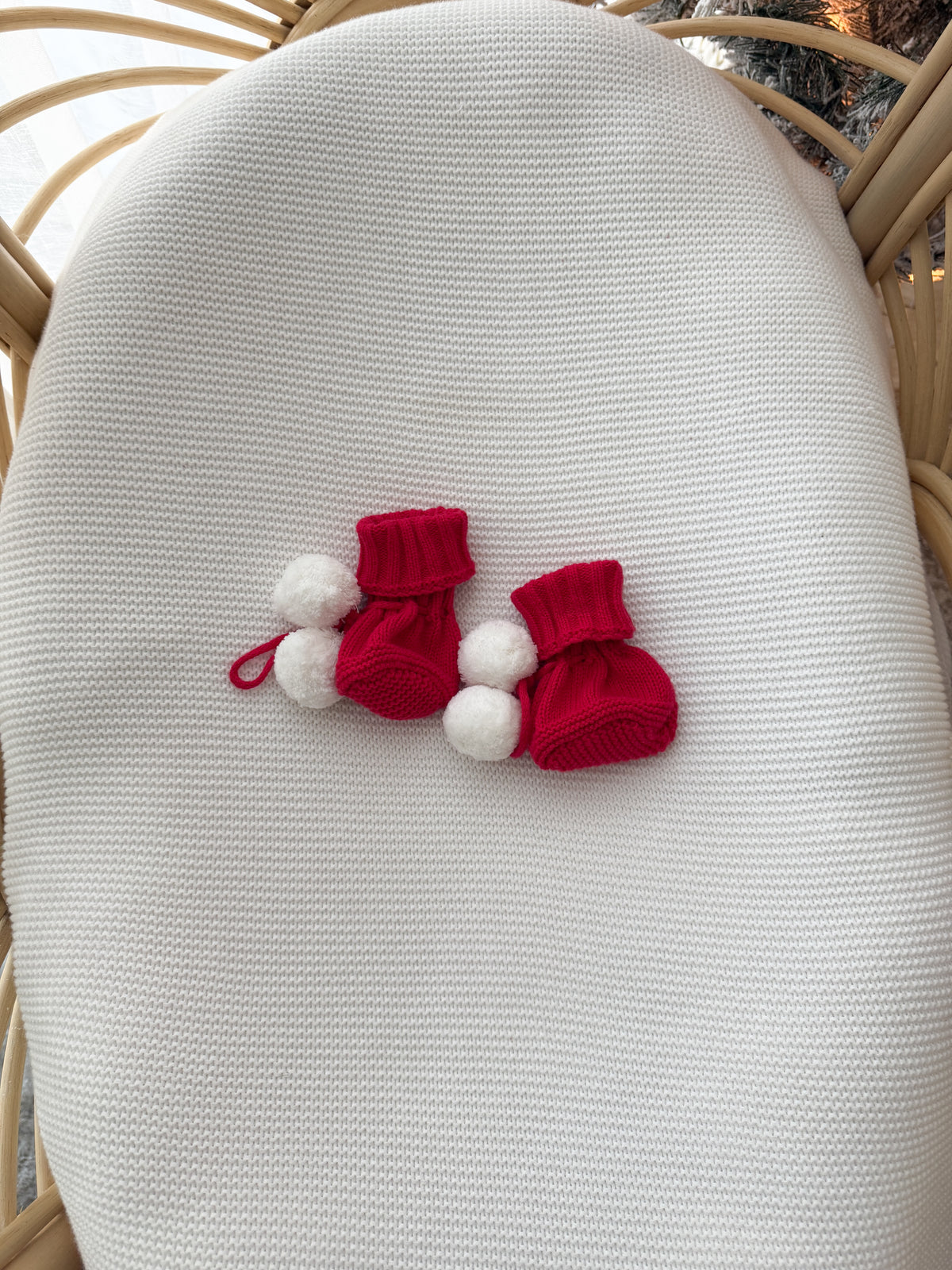 Knitted Pom Pom Booties - Scarlet & Milk