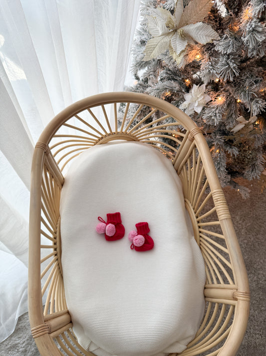Knitted Pom Pom Booties - Scarlet & Blossom